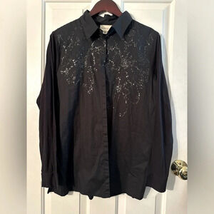 NWT PURE DKNY Black Large Snap Collared Shirt With Collar Cotton Knit